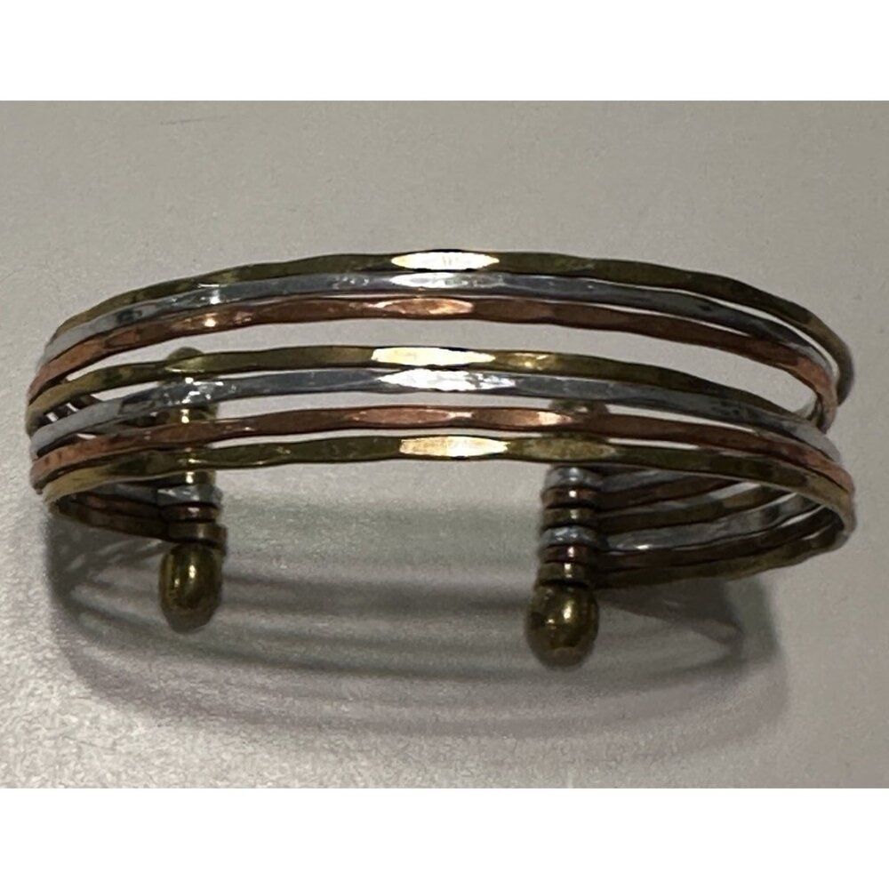 Tricolor Boho Thick Metal Chunky Forged Textured Wire Open Cuff Bracelet Womens